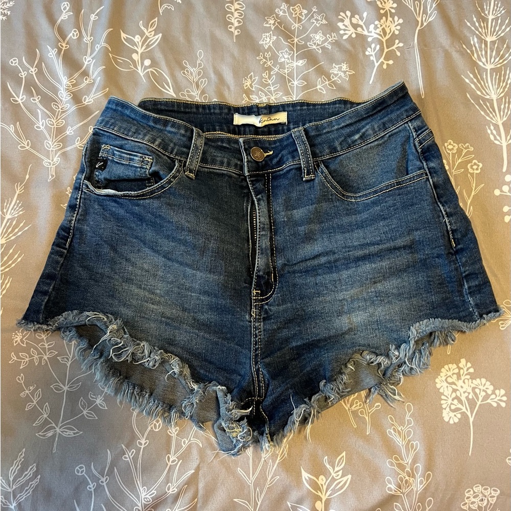 KanCan Blue High-Waisted Jean Shorts Frayed Hem
